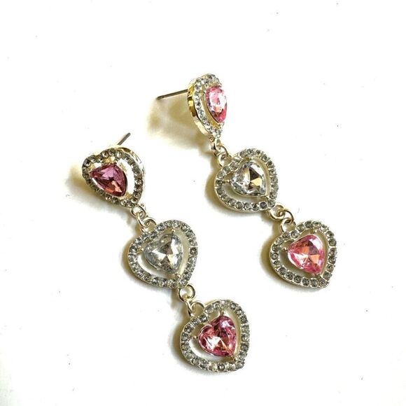 Pink rhinestone heart drop post earrings - Picture 5 of 6